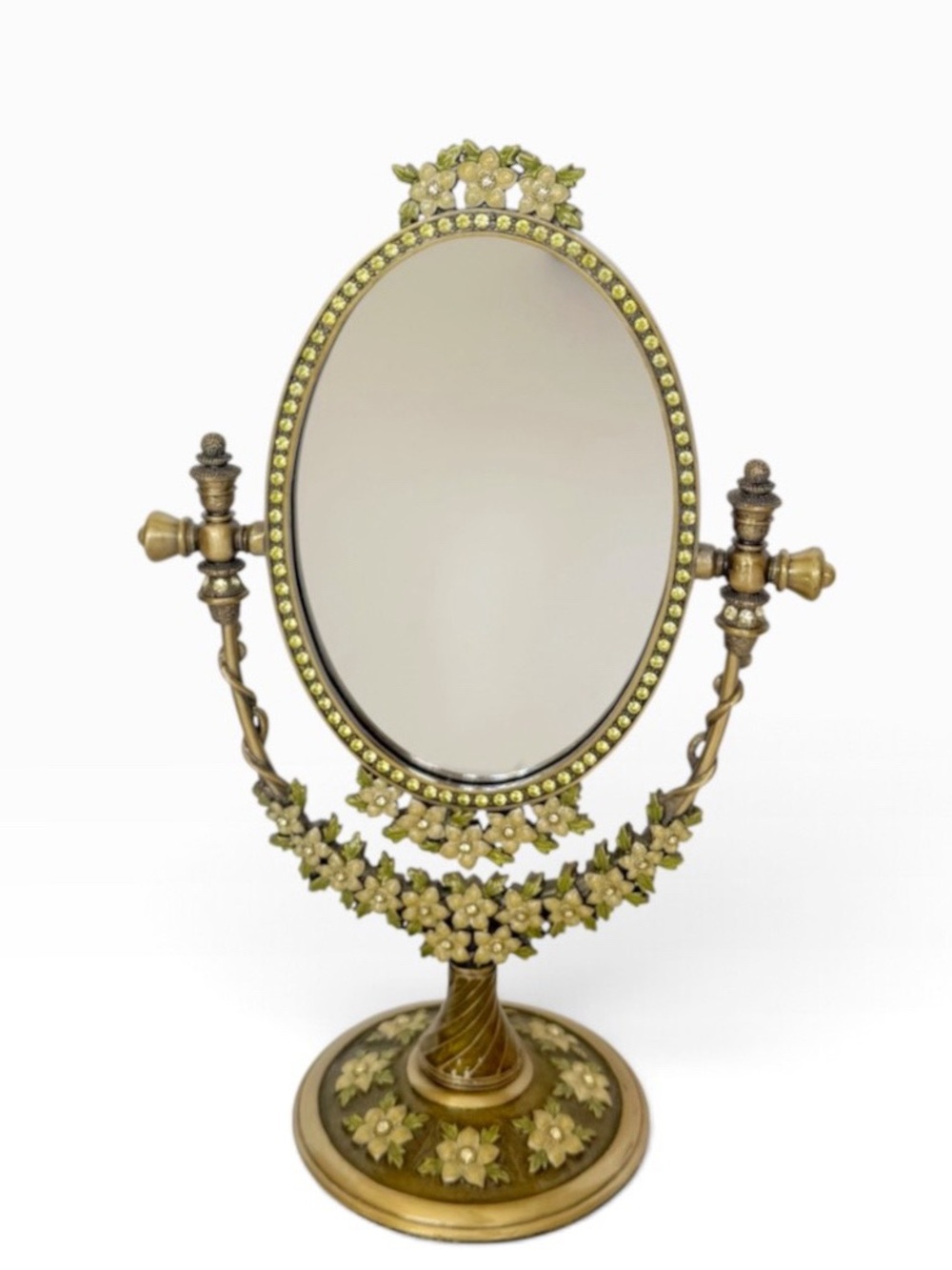 Vintage Two’s Co. Enamel Floral Crystal Rhinestone Oval Tabletop Vanity Mirror